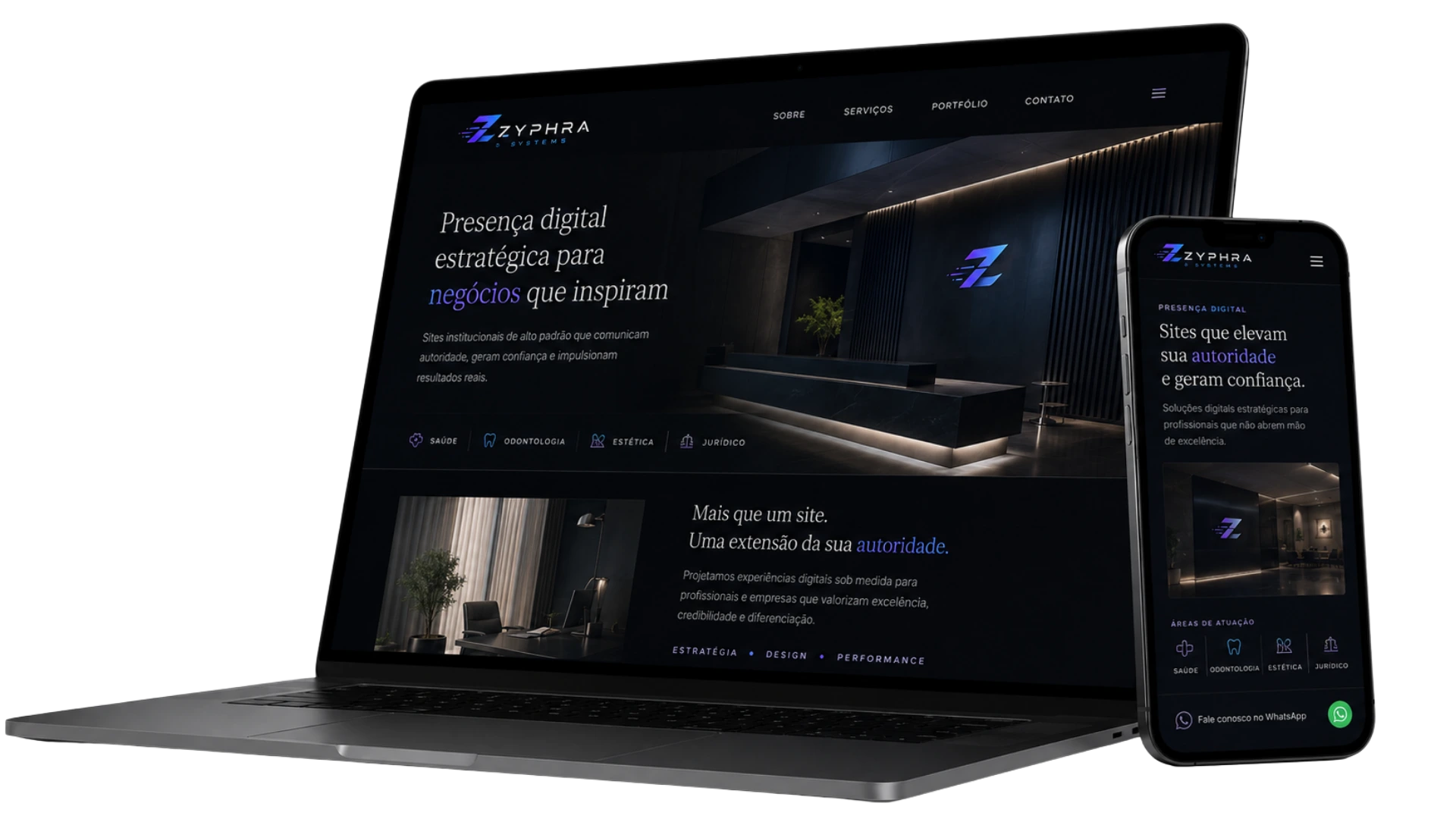 Mockup de site premium da Zyphra Systems em desktop e mobile